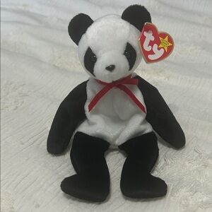 RARE Ty Beanie Baby Panda “Fortune” Error Tush Tag Plush with Red Bow